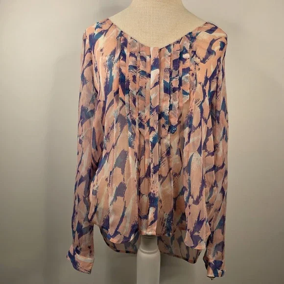 Maeve Anthropologie Silk Blouse SZ 4 Sheer Pink Blue Purple Abstract Long Sleeve - Picture 2 of 13